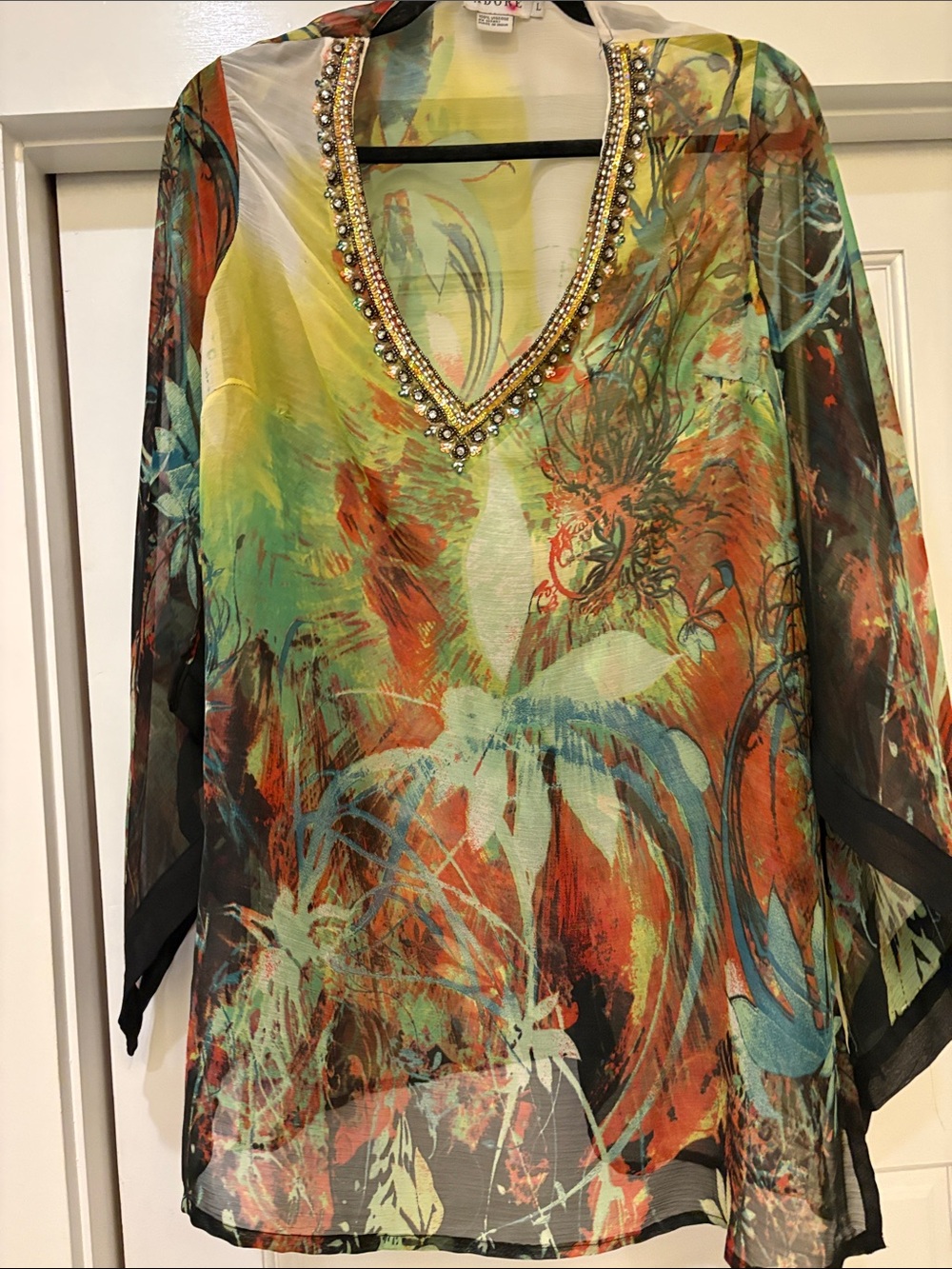 Adore Beaded V-Neck Sheer Floral Tunic - Orange, Green, Blue, Black